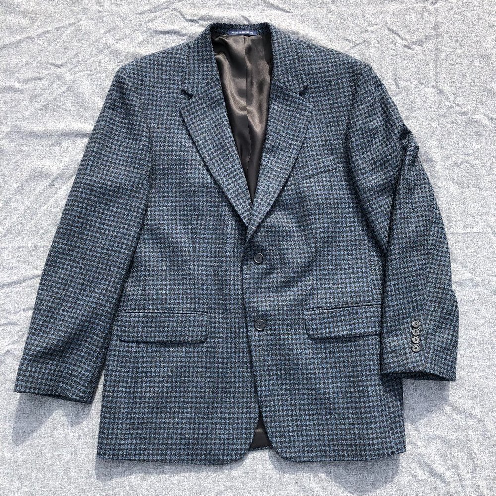Lands' End Men's Blue Black Herringbone Wool Sports Coat Blazer 42R